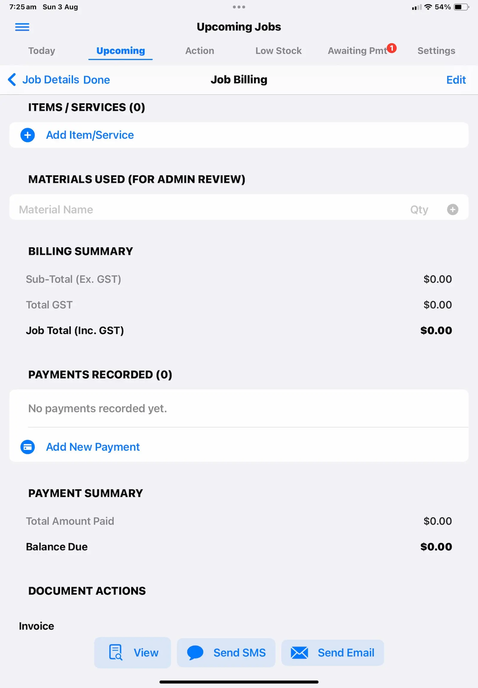 iPad screenshot showing billing details.