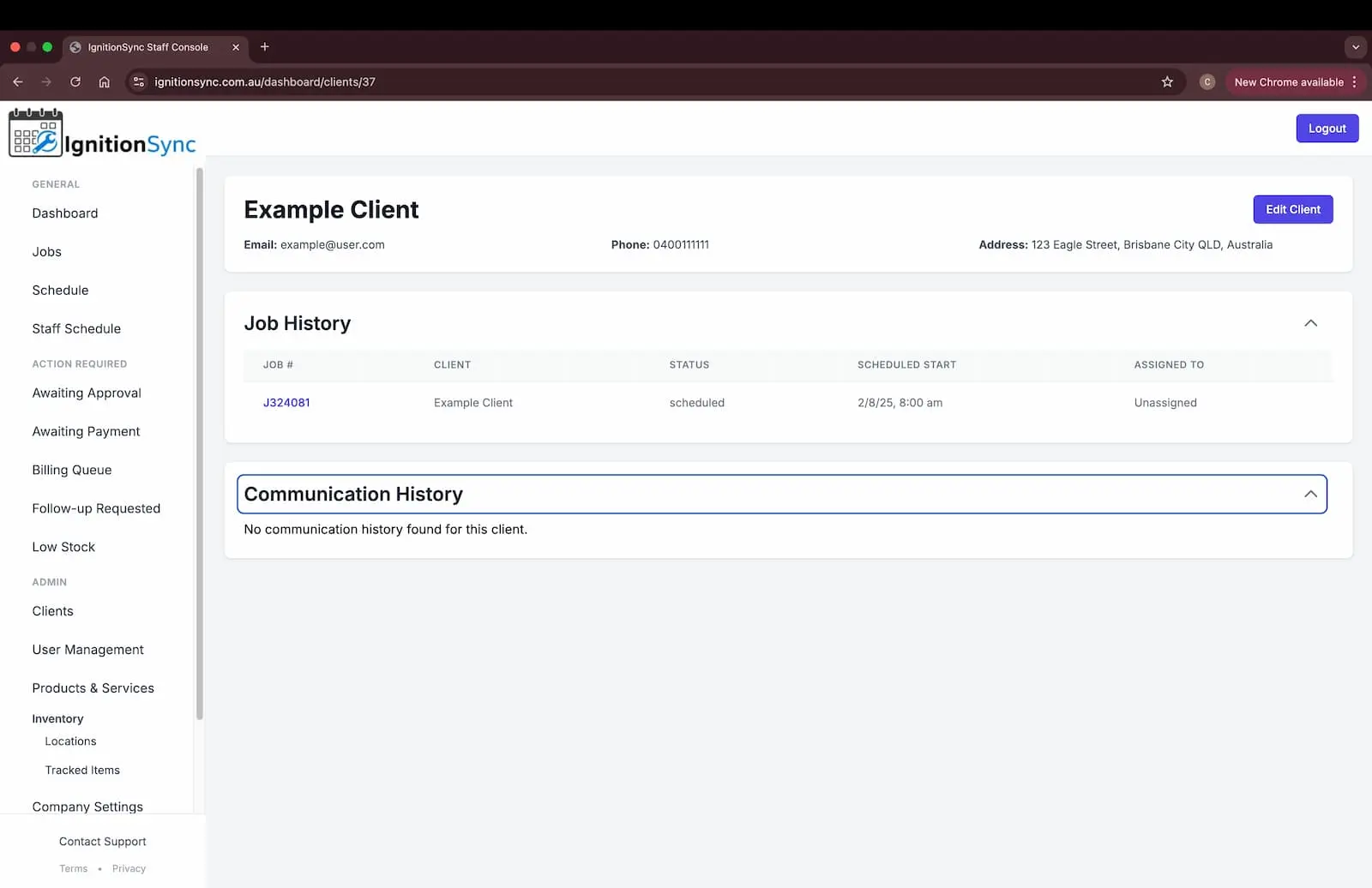 Screenshot of a client detail page showing job history.