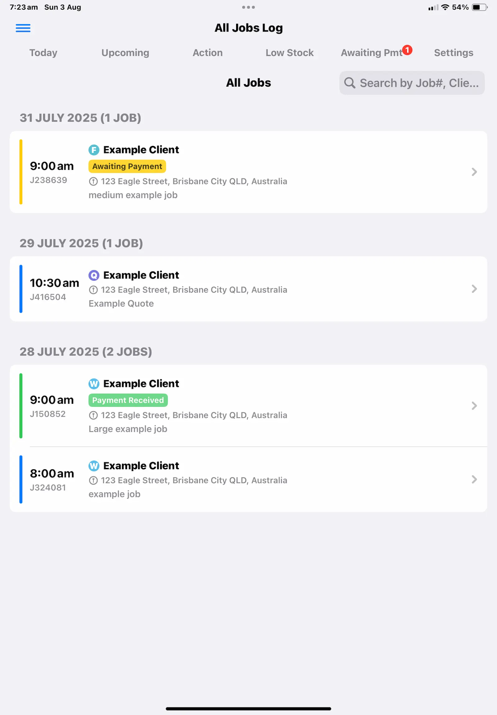 iPad screenshot showing the main jobs list.