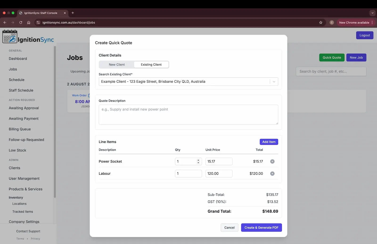 Screenshot of the Quick Quote creation modal in IgnitionSync.
