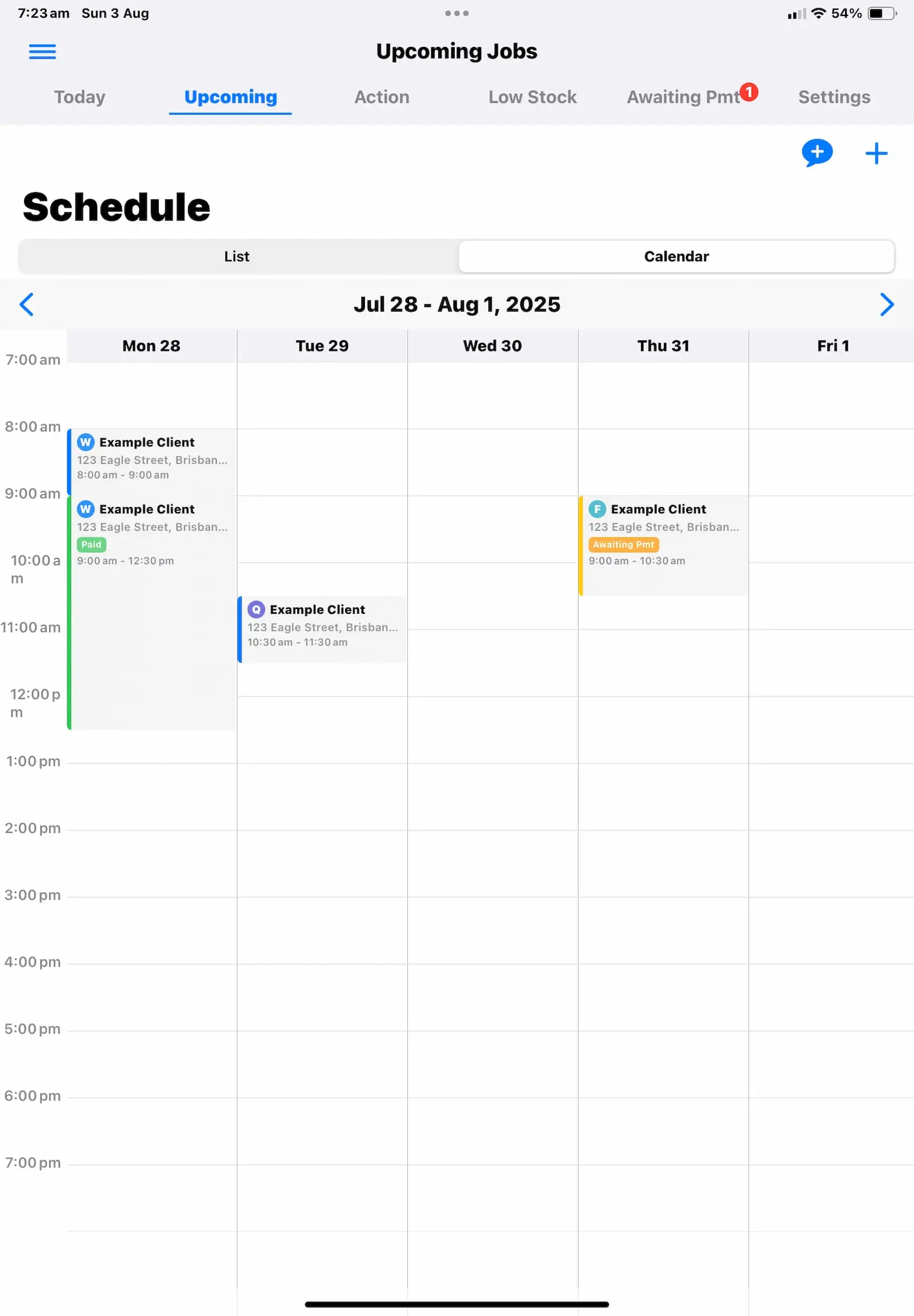 iPad screenshot showing the schedule view.