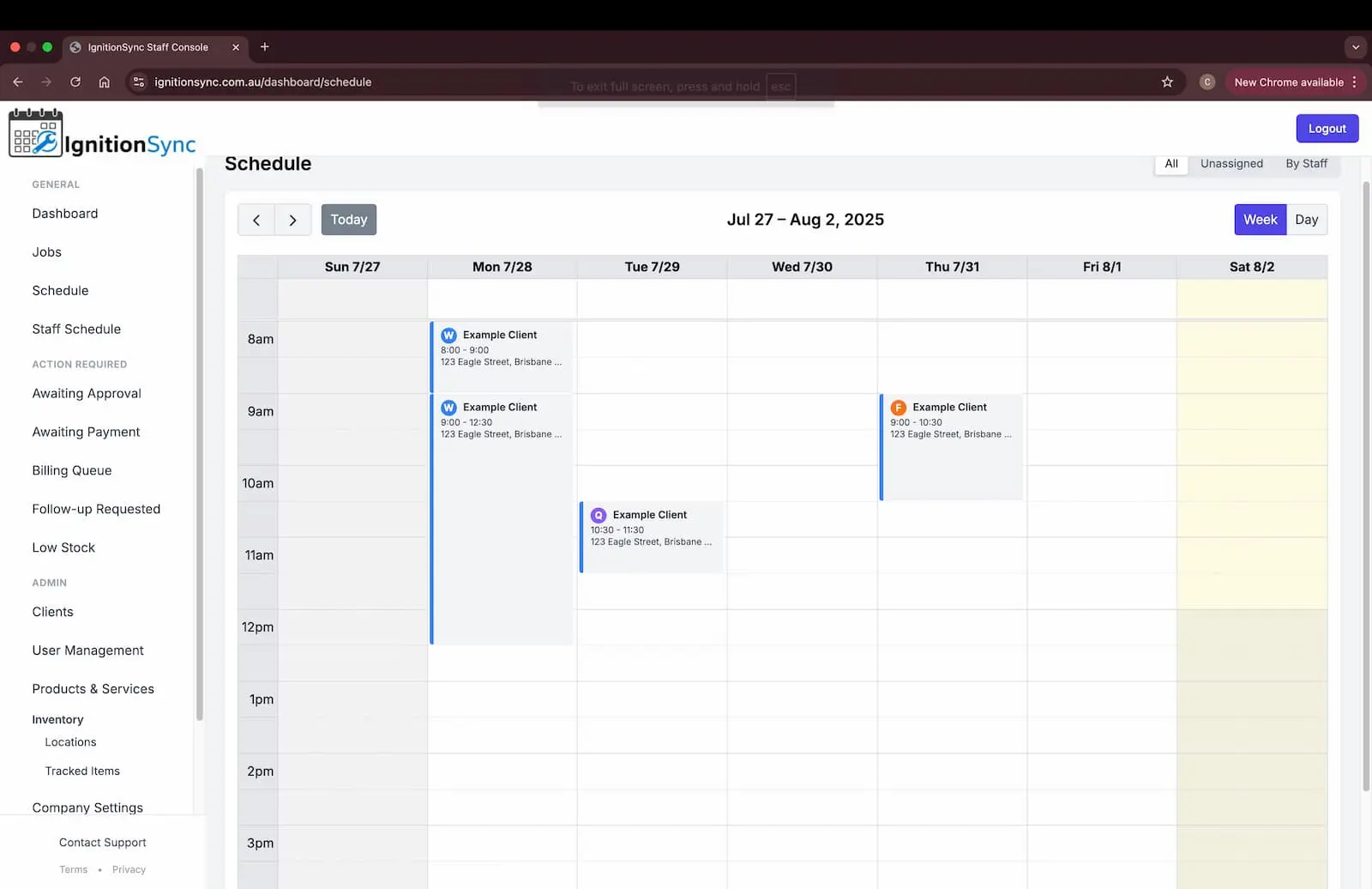 Screenshot of the IgnitionSync weekly job schedule.